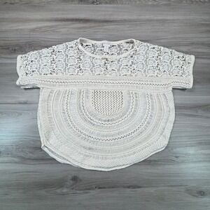 Chicos Crochet Knit Top Womens Size 3 Ivory Lace Mixed Media Short Sleeve Boho